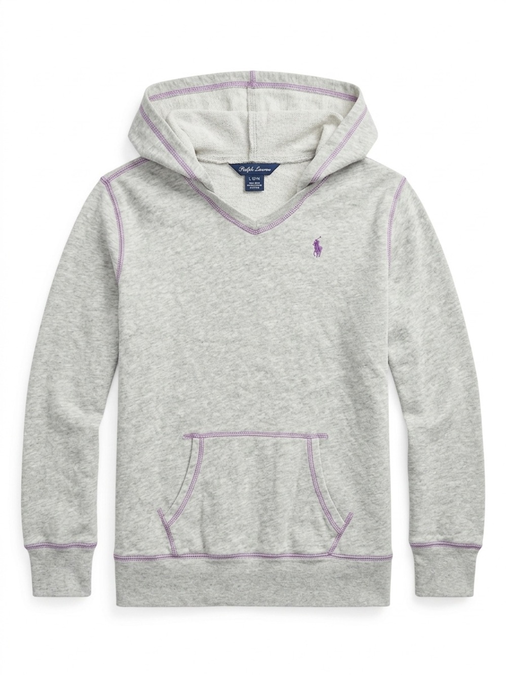 RALPH LAUREN Girls Heather Grey Hoodie Purple Pony Logo Size L 12-14